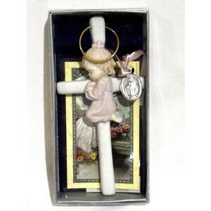 vintage porcelain painted Child Girl Angel Cross Rosary baptism protector Gift